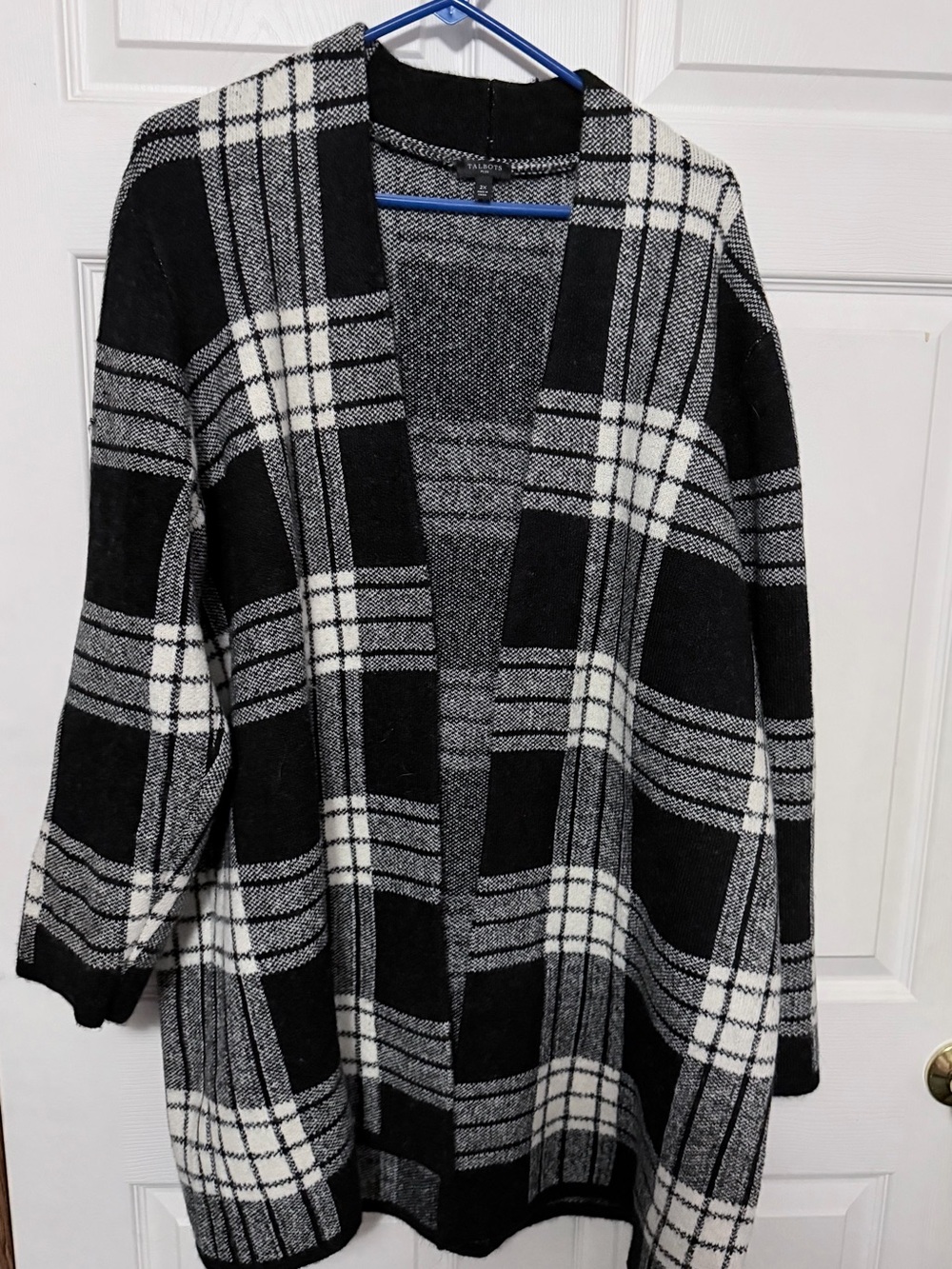 Talbots Black and White Plaid Open-Front Cardigan